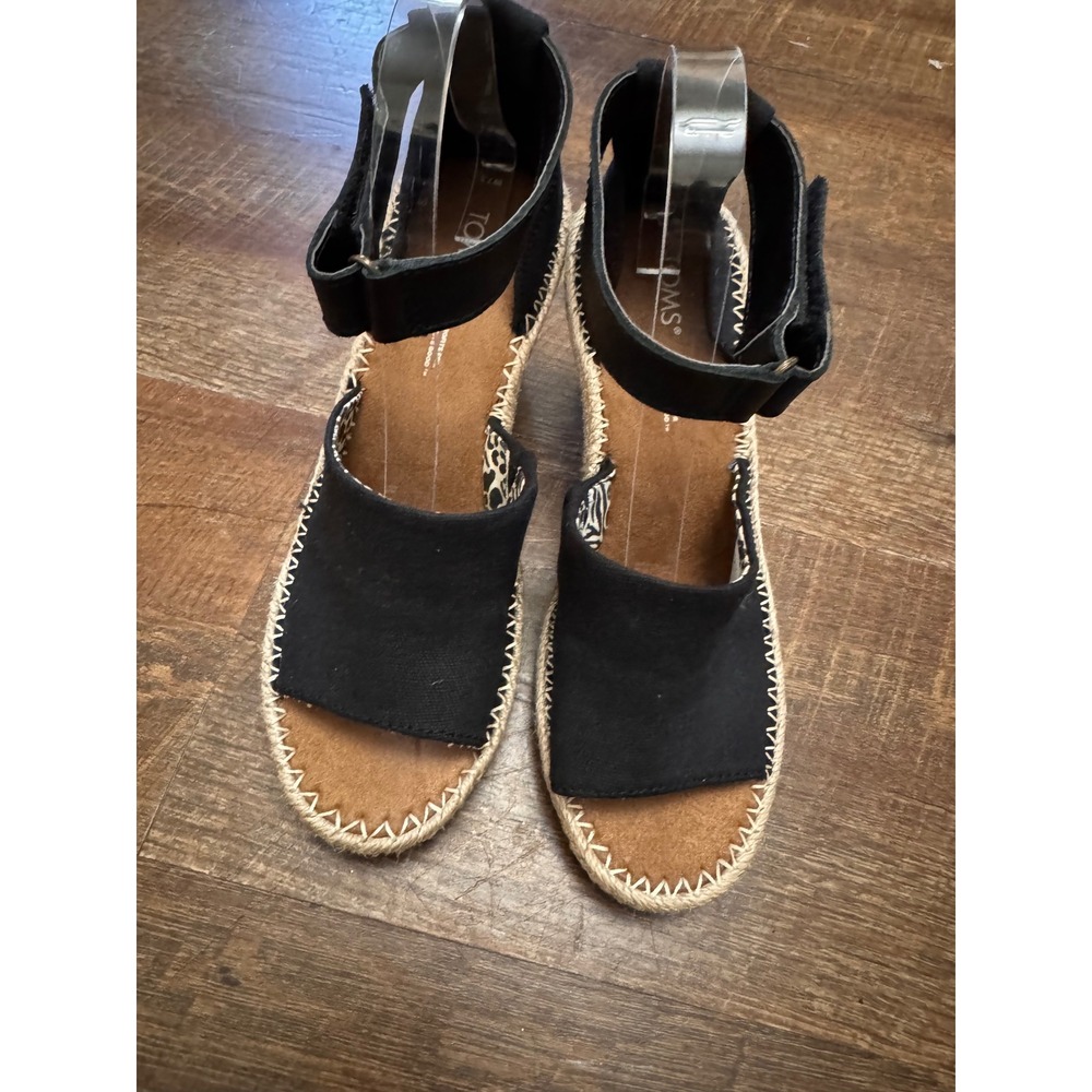 TOMS Women's 7.5 Black Espadrille Wedge Sandals Ankle Strap